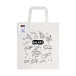 A white cotton tote bag featuring a space-themed design with an astronaut, rockets, and UFOs. Includes crayons and a logo.