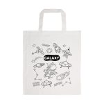A white cotton tote bag featuring a space-themed design with rockets, UFOs, and an astronaut, including a logo.