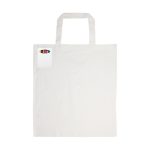 A white cotton tote bag with short handles and a colourful logo on one side.
