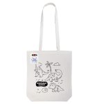 A white tote bag featuring a dinosaur design and an attached logo. Crayons are included for colouring.