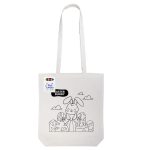 A white tote bag featuring a colouring design of an Easter bunny with eggs, along with a logo.