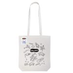 A white cotton tote bag featuring a galaxy-themed design and an attached branding label.