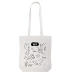 A white tote bag featuring an underwater scene with marine animals and a logo. Ideal for colouring and creativity.