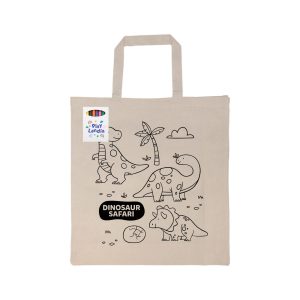 A natural-coloured calico bag featuring dinosaur illustrations, accompanied by crayons and a logo on the handle.