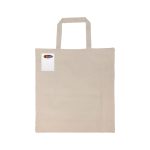 A beige calico bag with short handles and a small label, featuring assorted crayons beside it.