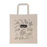 A beige calico bag featuring a space-themed design with illustrations of rockets, planets, and stars. It has two handles.