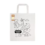 A cotton bag in natural colour featuring a dinosaur theme design, along with a set of pencils.