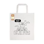 A cotton bag featuring a colouring design of an Easter bunny with decorative eggs. The bag is cream in colour and has a logo.