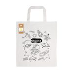 A cotton bag featuring a space-themed design with a rocket, astronaut, and UFOs, in a natural colour. It includes a logo.