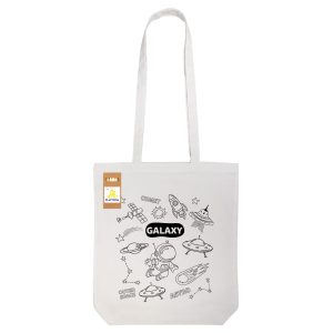 A light grey cotton tote bag featuring space-themed illustrations and a logo. Includes a long handle for easy carrying.