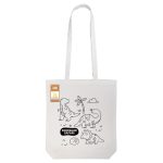 A cotton tote bag in cream featuring a dinosaur design for colouring, with long handles and a logo.