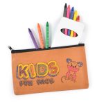 A pencil case containing colourful crayons with a cartoon character design and a logo, showcasing vibrant hues.