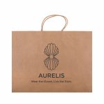 A large brown paper bag with a decorative logo and handles for carrying items.