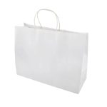 A large white paper bag with two handles and a smooth surface, featuring a logo.