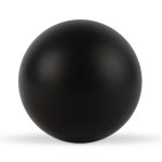 A round black stress ball designed for fun and stress relief, featuring a smooth, matte finish.