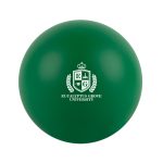 A green round stress ball featuring the logo of Eucalyptus Grove University.