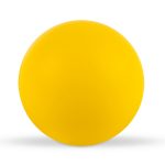 A round yellow stress ball, smooth and bright, ideal for relieving stress.
