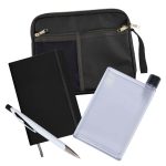 A zipped pouch with a mesh pocket, a black notebook, a clear drink bottle, and a white pen.