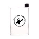 A clear drink bottle featuring a black logo with an astronaut and the text "Tiny Explorers" and "Where Curiosity Takes Flight."