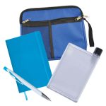 A blue zippered pouch containing a clear water bottle, a blue notebook, a blue pen, and a second blue notebook.