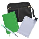 A black zippered case containing a green notebook, a transparent drink bottle, and a white pen.