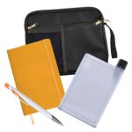 A black zippered pouch, a yellow notebook, a clear drink bottle, and a white pen with an orange accent.