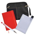 A black zippered pouch containing a red notebook, a clear drink bottle, and a white pen.