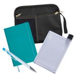 A black zippered pouch containing a blue notebook, a clear drink bottle, and a pen.