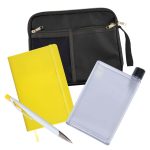 A conference pack featuring a black zipped pouch, a yellow notebook, a transparent drink bottle, and a white pen.
