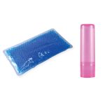A blue gel pack alongside a pink lip balm container.