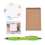 A colorful notepad in the shape of a flower, a small bag of jelly beans, a blank notepad, and a green pen.
