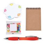 A colorful sticky note pad, a bag of jelly beans, a notepad, and a red pen arranged on a white background.