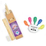 A set of pencils, a ruler, a pencil sharpener, and colorful highlighters on a white background. The items are in a promotional pack.