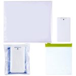 A microfiber lens cloth with screen cleaner in various sizes, featuring white and transparent packaging with a green zipper.