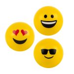 Three yellow emoji stress balls featuring different facial expressions: happy, love, and cool sunglasses.