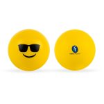 A pair of yellow emoji stress balls featuring a smiling face with sunglasses on one side and a logo on the other.