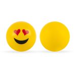 A pair of yellow emoji stress balls with a smiling face and heart eyes design.