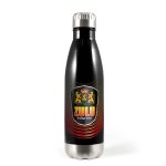 A drink bottle with a sleek black design, silver top, and a logo featuring a crown and lions.