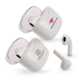 Twista Earbuds displayed in white with custom branding for Yarra Valley University and Urban Pulse FM.