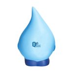 A blue water drop-shaped stress reliever with a base and a logo on the front.