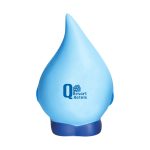 A blue water drop-shaped stress reliever featuring a logo on the front.