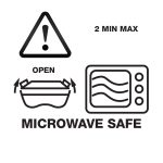 A food container design featuring microwave-safe symbols and instructions for use. It includes a caution symbol and usage guidelines.