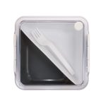 A square, transparent lunch box with a white lid and a plastic fork inside. It has a logo on the lid.