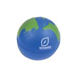 A blue and green globe stress ball featuring a logo, ideal for fun and relaxation.