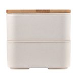 A beige eco-friendly lunch box with a natural wood lid and a logo on the side.