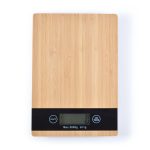 A bamboo kitchen scale with a digital display, featuring a sleek black control panel and a logo.