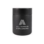 A food container featuring a sleek black design with a lid, adorned with the logo "ALL TERRAIN EXPLORERS."