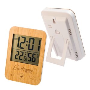 A weather station with a bamboo front, featuring a digital display for time, temperature, and humidity.
