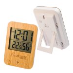 A weather station with a bamboo front, featuring a digital display for time, temperature, and humidity.