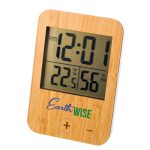 A digital weather station featuring a bamboo frame, displaying the current time, temperature, and humidity levels.